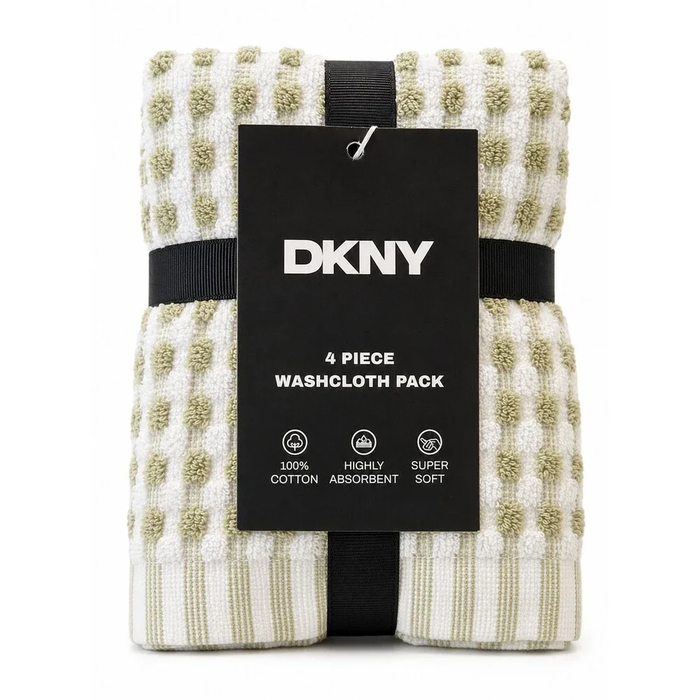 DKNY Washcloths Set of 4 Green White Gingham Check 100% Cotton Facecloths